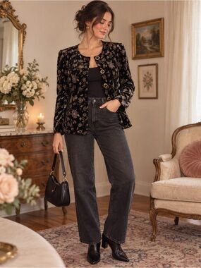 Vintage Leslie Fay Size 18 Black Velvet Floral Blazer Romantic 90s Jacket